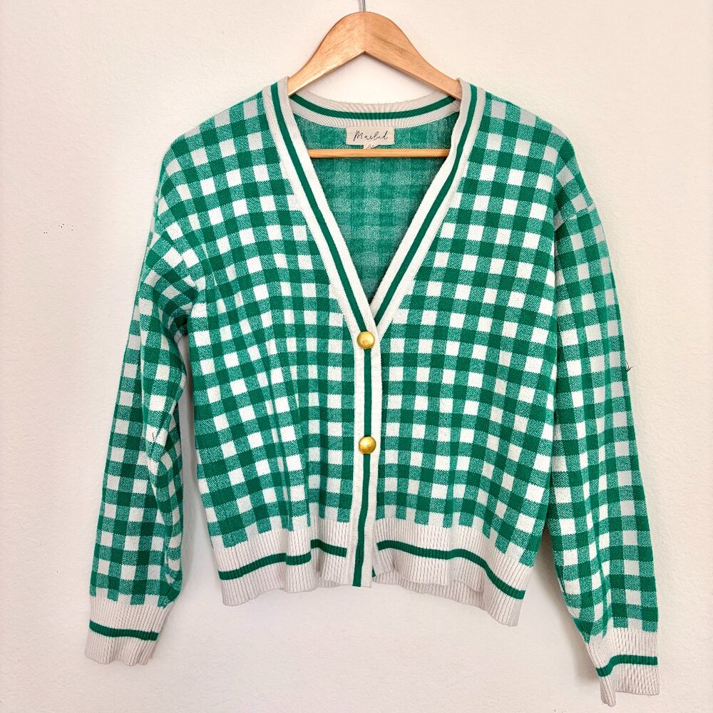 Madewell Green and White Gingham V-Neck Cardigan